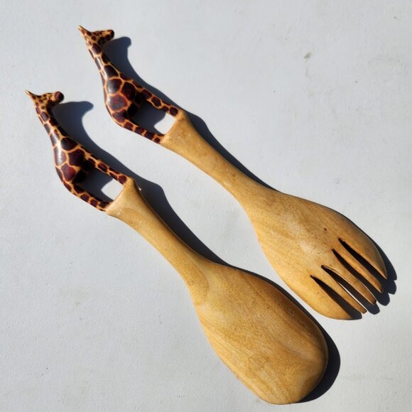 New Hand Carved Wood Giraffe Fork Spoon Serving Set Safari African Folk Art Home - Picture 8 of 10